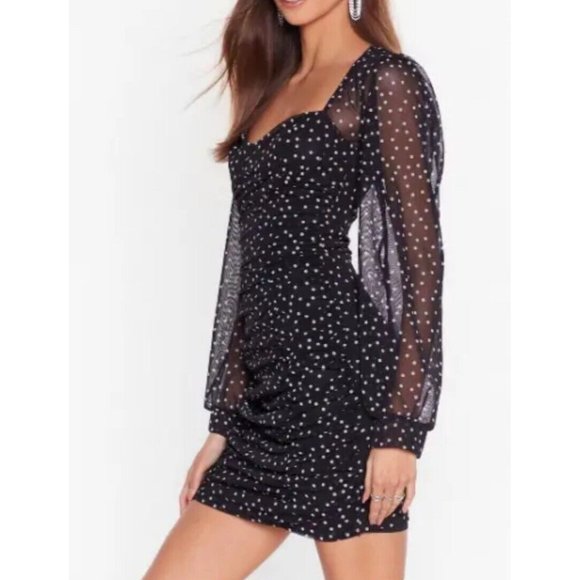 NASTY GAL Spot Right There Mesh Mini Dress 6 Stretch Sexy Slinky Black Dots 9462 - Picture 2 of 14